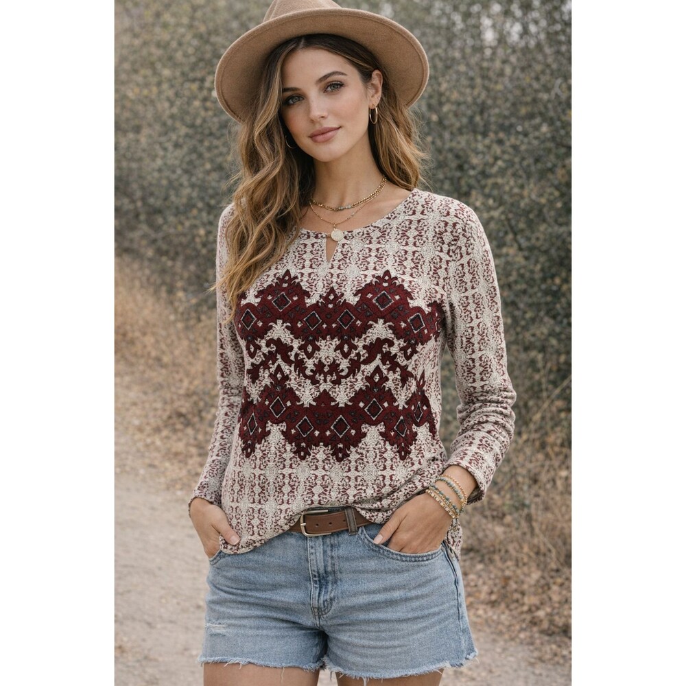 Sundance Womens Red White Boho Geometric Embroidered Beaded Sweatshirt Top Sz S